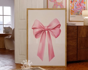 Pink Bow Print, Coquette Aesthetic Print, Pink Nursery Girly Wall Art, French Pastel Hair Bow Poster, Digital Download