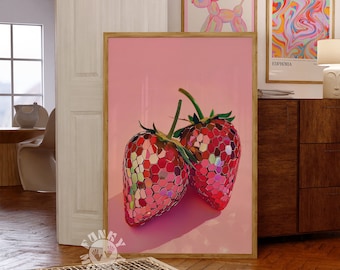 Girly Trendy Wall Art, Disco Strawberries Art Print, Preppy Disco Ball Poster, Dorm Room Decor, Funky Kitchen Printable Art, Digital Print