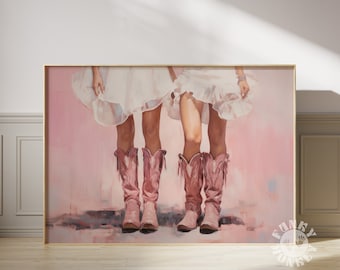 Girly Cowgirl Print, Pink Western Digital Art, Printable Coastal Cowgirl, Preppy Trendy Cowboy Boots Painting, Teen Girls Room Decor