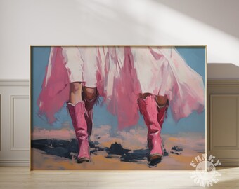 Trendy Pink Coastal Cowgirl Digital Print, Preppy Western Painting, Pink Cowboy Boots Printable Poster, Horizontal Funky Western Wall Art