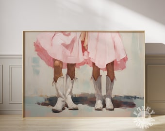 Retro Cowgirls Digital Print, Pink Coastal Cowgirl Wall Art, Preppy Cowboy Boots Painting, Printable Poster, Trendy Western Wall Art