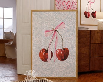 Impresión de cereza coqueta, cartel femenino imprimible, decoración de la habitación coqueta, cereza con estética preppy femenina de lazo rosa, impresión de apartamento universitario