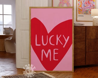 Lucky Me Trendy Preppy Wall Art Print, Pink Red Heart Printable Poster, Retro College Apartment Aesthetic, Digital Prints, Downloadable Art