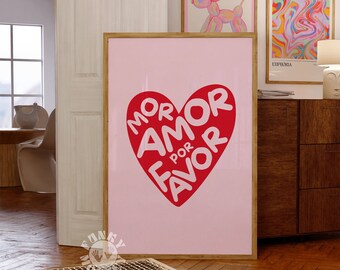 More Amor Por Favor Digital Print, Trendy Wall Art, Pink Red Typography Poster, Preppy Wall Aesthetic, Heart Print, Printable Art