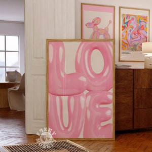 Rosa LOVE druckbare Kunst, Liebesblase Buchstaben, trendige Wandkunst, digitale Retro-Funky-Druck, College-aparter-Druck, Wohnheim-Dekor