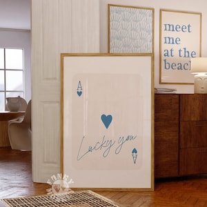 Lucky You Blue Wall Art Print, pôster preppy, arte de parede moderna, carta de baralho retrô Ace of Hearts, arte para impressão, download instantâneo digital