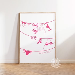 Impresión de verano rosa, arte de la pared de lavandería, impresión de verano femenina nieta costera traje de baño estético cartel preppy dormitorio arte de pared de moda