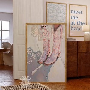 Impression d'art mural bottines de cow-girl roses, art western rétro téléchargeable, déco esthétique coquette, cow-girl côtière girly, impression numérique dentelle