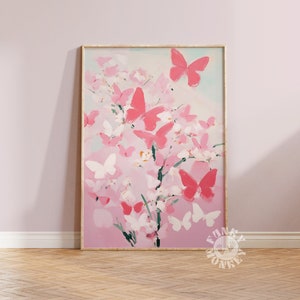 Butterfly Digital Print, Pink Girly Printable Art, Girl&#39;s Nursery Room Painting, Coquette Aesthetic, Preppy Trendy Wall Art, Dorm Room Decor