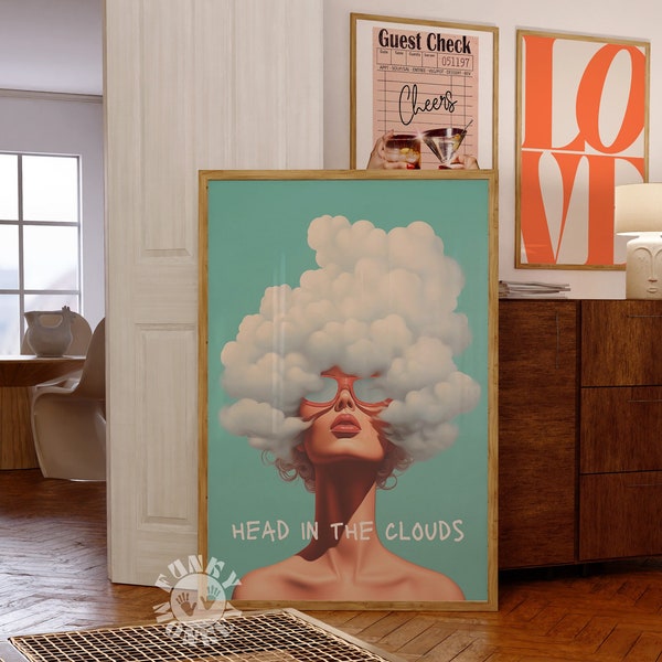 Retro Trendy Printable Poster, Pop Art Apartment Aesthetic, Collage Print Head in the Clouds, Delulu Print, Digital Print, Collage Dorm Room