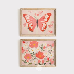 Butterfly Floral Print Set, Pink Girly Aesthetic Decor, Girl&#39;s Nursery Room Painting, Coquette Room Decor, Printable Wall Art, Digital Print