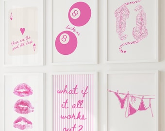 Trendy Print Set Of 6, Pink Wall Art Gallery, Preppy Aesthetic Dorm Room Decor, Printable Girly Prints, College Apartment Poster Set