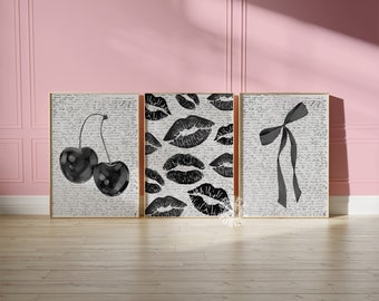 Retro Cherry Print Set of 3, Dark Coquette Room Decor, Black White Poster Set, Digital Trendy Wall Art, Dark Aesthetic Printable Wall Art