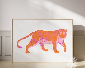 Arte della parete tigre, stampa orizzontale, estetica dopamina massimalista, stampa digitale preppy, stampa tigre retrò arancione rosa, estetica appartamento