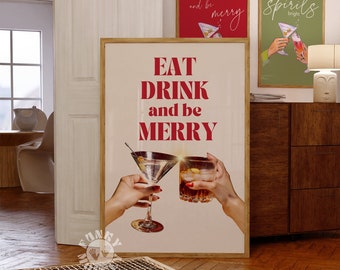 Holiday Bar Cart Print, Trendy Christmas Cocktail Wall Art, Eat Drink and Be Merry Bar Cart Decor, Digital Print, Printable Art