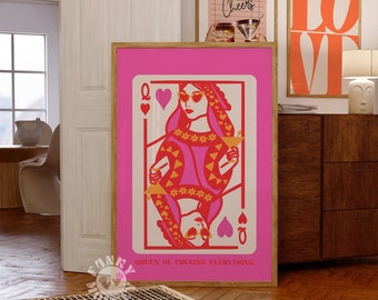 Queen of Hearts Playing Card, Dopamine Poster Print, Funky Wall