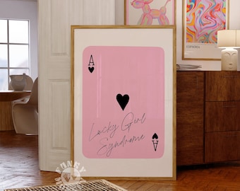 Lucky Girl Syndrome Print, Trendy Retro Playing Card Poster, Preppy Wall Art, Ace of Hearts, Digital Prints, College Apartment Aesthetic