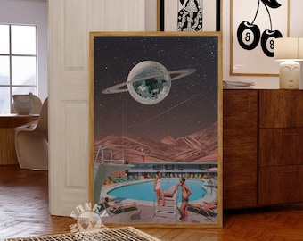 Impressão de arte surreal, impressão de colagem retrô, colagem de bola de discoteca, arte de parede descolada, surrealismo, arte de parede moderna, impressões digitais, arte de parede imprimível