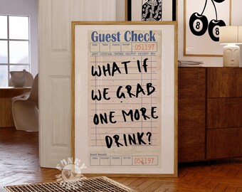 Guest Check Print, One More Drink Bar Cart Art Print, Trendy Wall Art Prints, Preppy Poster Aesthetic, Retro Decor, Printable Digital Prints