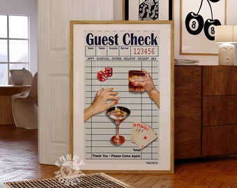 Retro Guest Check Print, Trendy Wall Art, Bar Cart Art, Cocktail Poker Collage, Printable Preppy Poster, Digital Prints, Retro Aesthetic