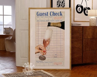 Champagne Guest Check Print, Trendy Wall Art Prints, Bar Cart Decor, Pink Girly Printable Poster, Preppy Aesthetic, Digital Prints