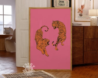 Preppy Tiger Print, Maximalist Decor, Roze Oranje Tijger Poster, Dopamine Decor, Trendy Wall Art, Digitale Kleurrijke Print, Slaapzaal Esthetiek