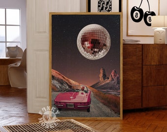 Impressão de colagem retrô, impressão de arte surreal, lua de bola de discoteca no deserto, arte de parede descolada, surrealismo, arte de parede moderna, impressões digitais
