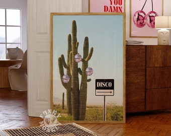 Impressão de cacto de discoteca, arte de parede moderna, arte retrô para impressão, impressão de arte do deserto, pôster formal, impressão de bola de discoteca, arte de parede descolada, placa de discoteca