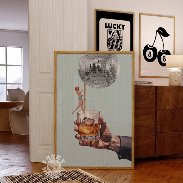 Retro Bar Cart Art Print, Disco Whisky Collage Print, Cocktail Poster, Surreal Art Print, Retro Collage Print Funky Wand Kunst Digitaldrucke