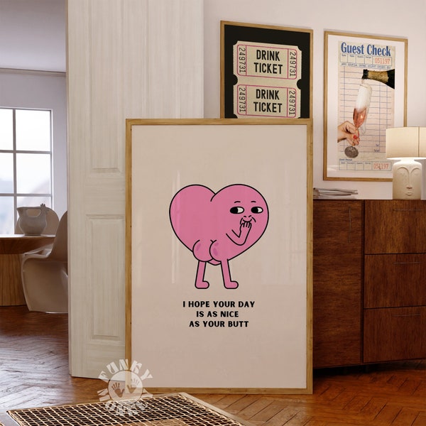 Retro Wall Art, Nice Butt Quote Print, Funny Bathroom Printable, Pink Heart Character Trendy Wall Art, Apartment Aesthetic, Digital Prints