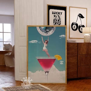 Retro Cocktail Collage Print, Bar Cart Art Print, Disco Ball Cosmo Surreal Art Print, Surrealizm, Vintage Poster Print, Trendy Wall Art