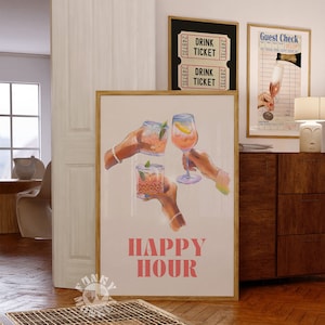 Happy Hour Cocktail Print, Art mural tendance, Pink Bar Cart Art Print, Affiche de cocktail, Affiche Preppy imprimable, Impressions girly, Impressions numériques