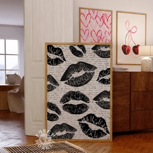 Kuss Lippen Druck, Trendige Wandkunst, Schwarze Lippen Poster, Dunkle Coquette Raumdekor, Digitaldrucke, Preppy Wohnheim Ästhetisch, Funky druckbare Kunst