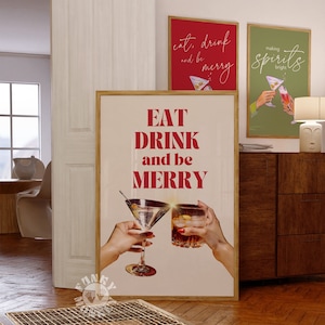 Wydruk na świątecznym wózku barowym, modna świąteczna sztuka ścienna z koktajlami, dekoracja na wózek barowy Eat Drink and Be Merry, wydruk cyfrowy, sztuka do druku