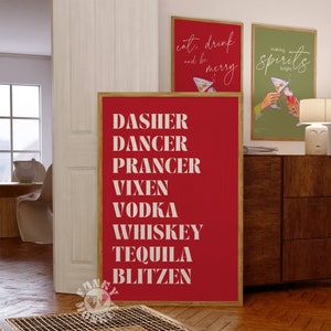 Bar Cart Wall Art Print Kerstmis, grappige vakantie poster, trendy rode kerst bar kar decor, digitale print, afdrukbare kunst, rendieren namen