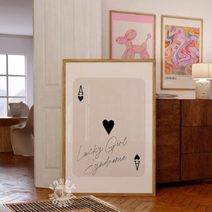 Stampa della sindrome della ragazza fortunata, arte da parete alla moda, poster retrò di carte da gioco, poster preppy, asso di cuori stampabile, stampe digitali, arredamento del dormitorio