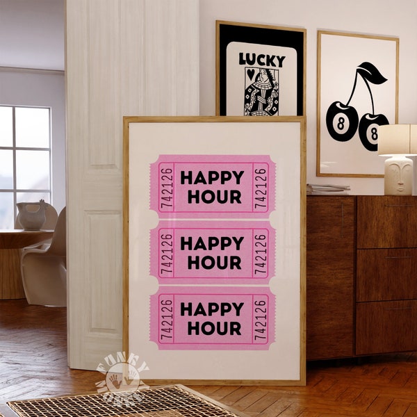 Trendy Happy Hour Print, Pink Bar Cart Art Print, Retro Happy Hour Ticket Stub, Preppy Poster Aesthetic, Girly Printable, Digital Prints