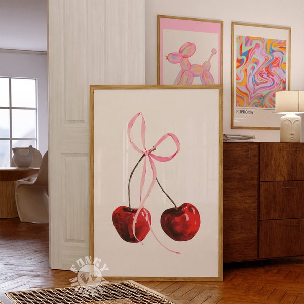 Estampado de cerezas, arte de pared de moda, póster femenino imprimible, decoración de dormitorio con lazo rosa coqueta, estética preppy femenina, impresión de apartamentos universitarios