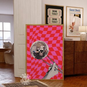 Trendy Disco Ball Collage Print, Disco Ball Chopstick Poster, Pink Funky Wall Art, Maximalist Decor, Preppy Wall Art, Retro Printable Poster