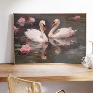 Swan Digital Print, Coquette Room Decor, Swan Painting, Vintage Nursery, Coquette Aesthetic, Preppy Print, Girl Print, Horizontal Wall Art