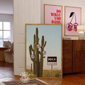 Disco Kaktus Print, Trendy Wandkunst, Retro druckbare Kunst, Wüsten Art Print, Preppy Poster, Discokugel Druck, Funky Wandkunst, Disco Schild