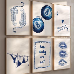 Trendy Print Set Of 6, Navy Blue Wall Art Gallery, Preppy Aesthetic 8 Ball Print, Printable Girly Prints, College Apartment Poster Set