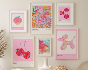 Retro Trendy Wall Art Print Set of 6, Pink Preppy Poster Set, Girly Wall Art, Girls Dorm Room Decor, Dog Balloon Cherries Lucky Dice