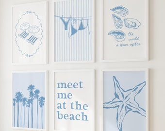 Coastal Print Set of 6, Blue Coastal Wall Art, Beach Aesthetic preppy Girls Dorm Room, Digital Prints, Beachy Trendy Printable Posters