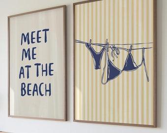 Navy Summer Print Set of 2, Coastal Wall Art, Blue Bikini Summer Poster, Meet Me At The Beach Printable, Digital Print, Preppy Trendy Poster