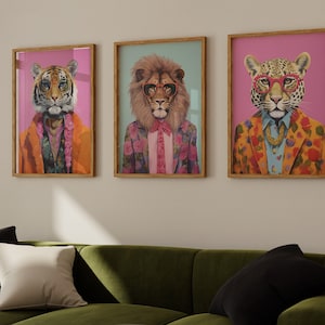 Tiger Löwe Funky Print-Set, Dopamin Ästhetik, Maximalist Dekor, Pink Orange Tiger Malerei Trendy Preppy Digitaldruck Wohnung Ästhetik