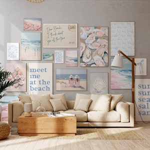 Coastal Print Set of 17, Coastal Granddaughter Room Decor, Sea Shells Aesthetic, Digital Print, Pastel Beach Gallery Set, Teen Girls Room