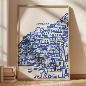 Póster de viaje de Positano Amalfi, impresión retro de Italia, arte de pared de moda en azul marino, boceto dibujado a mano, impresión digital, paisaje urbano, arte imprimible