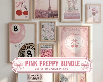 Pink Preppy Wall Art Bundle, 30 Digital Prints, Soft Girl Dorm Decor, Coquette Wall Collage Kit, Paris Fashion Poster Set, Girly Room Decor