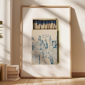Matchbox Print New York City Matches Wall Art Retro NYC Matchbook Blue Printable Poster Trendy Meet Me in NY Vintage Aesthetic Digital Print